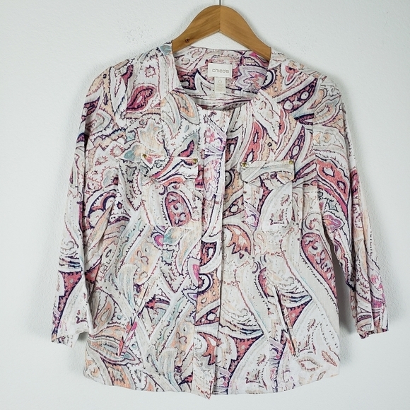 Chico's linen Paisley zippered 3/4 sleeve jacket - Picture 5 of 7